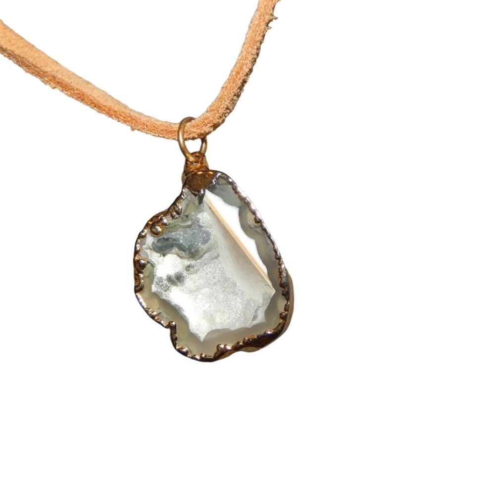 Rustic Free Spirit Golden Plated Unique Cut Geode on a Leather Necklace